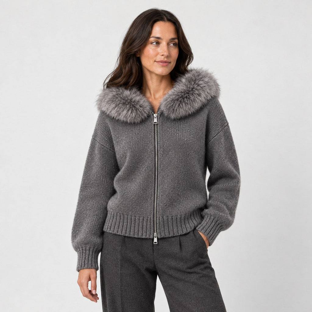 Women's zip-up knit cardigan with faux fur hood in Grey | Kilnsey – front view