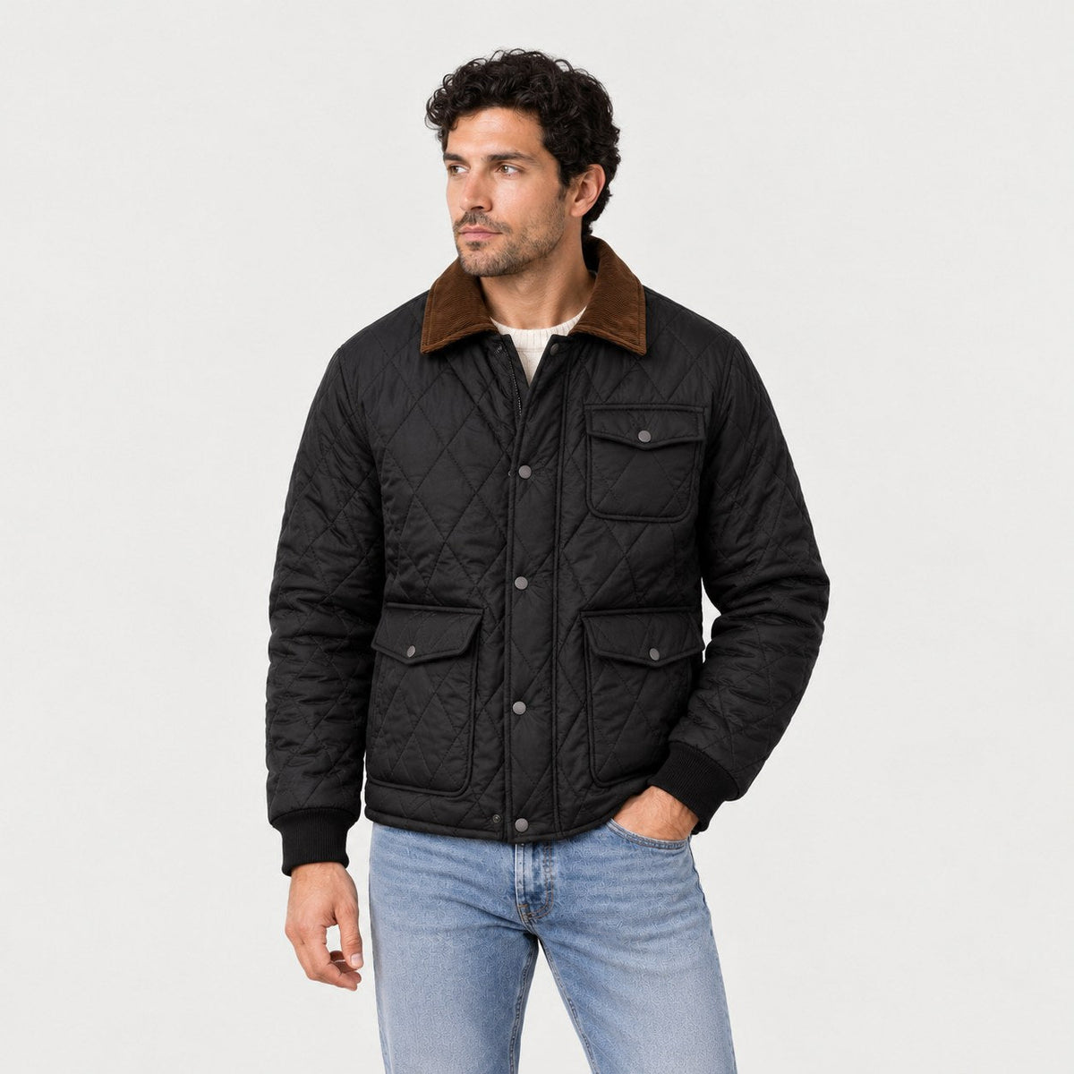 Men's diamond quilted jacket in Black | Selattyn – front view