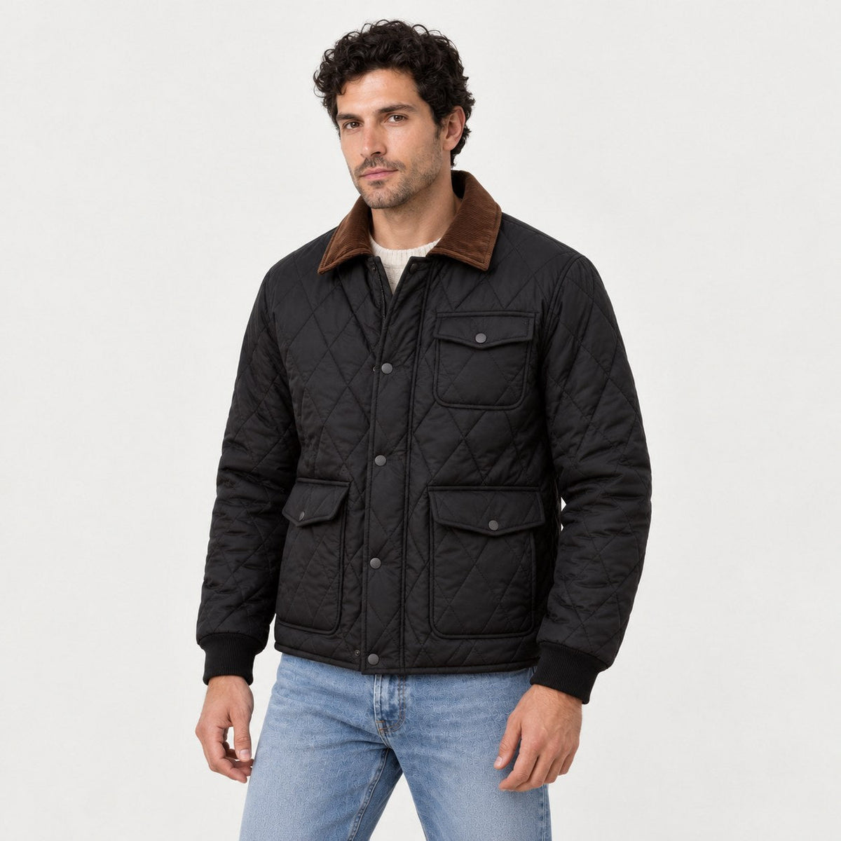 Men's diamond quilted jacket in Black | Selattyn – front view
