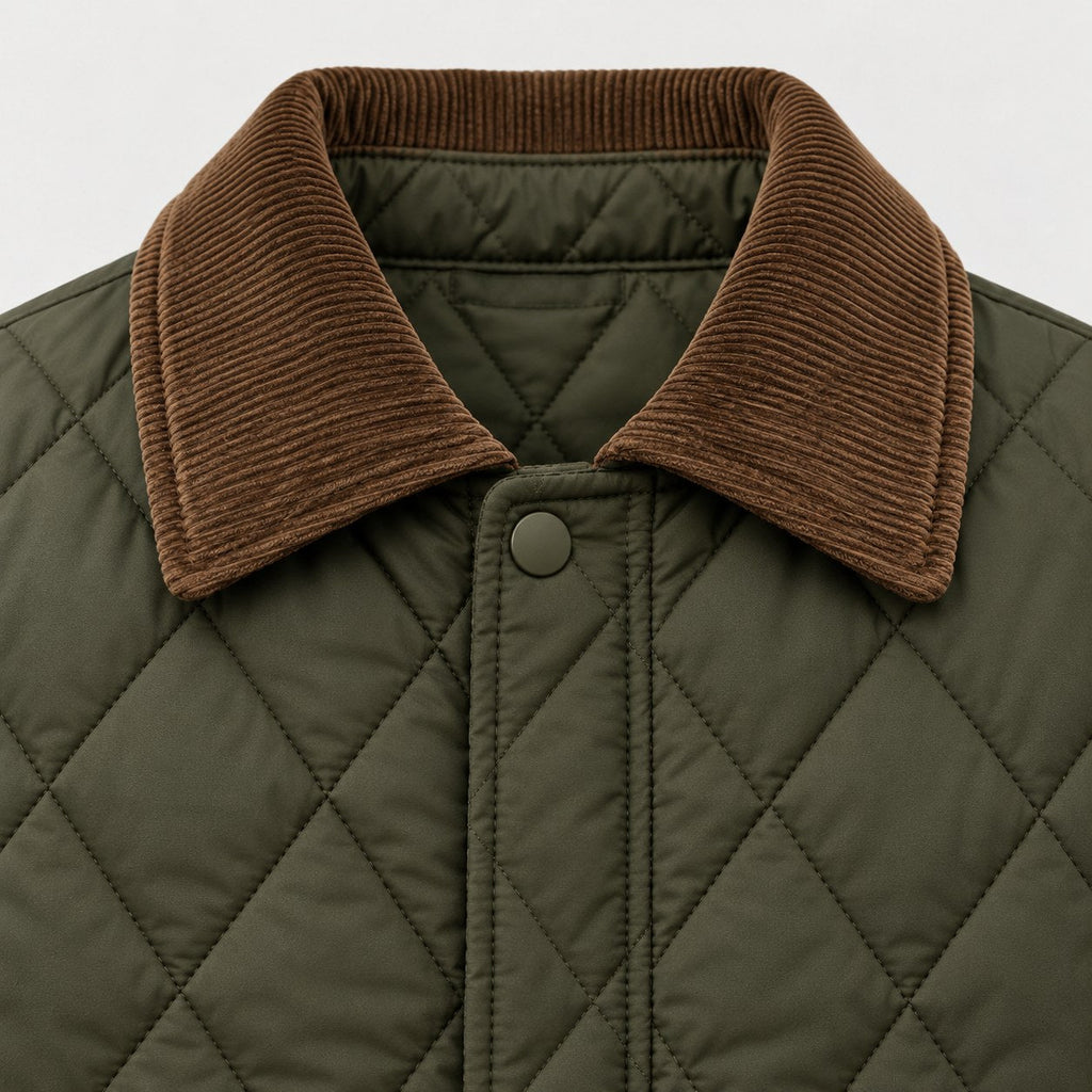 Men's diamond quilted jacket in Olive | Selattyn – detail view