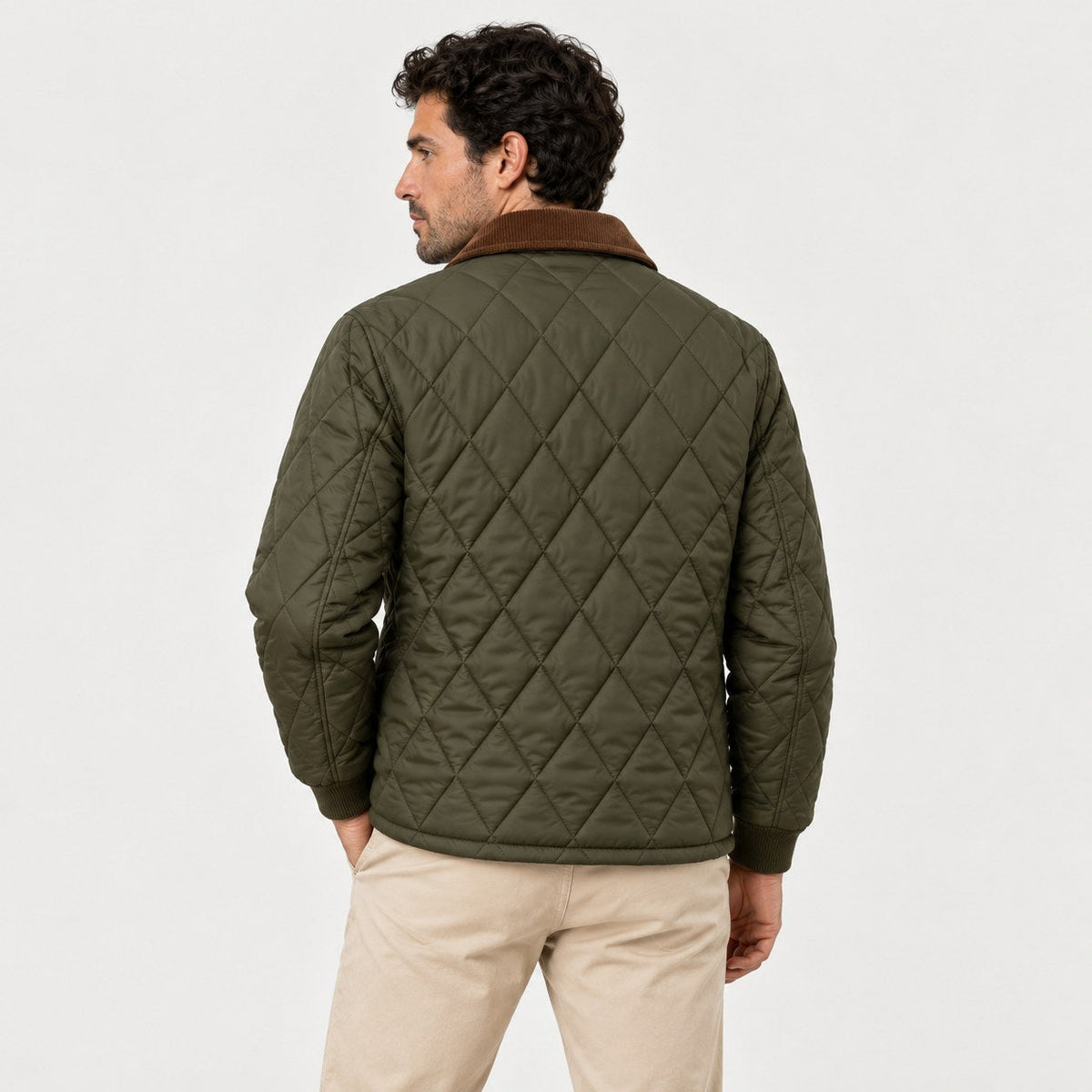 Men's diamond quilted jacket in Olive | Selattyn – back view
