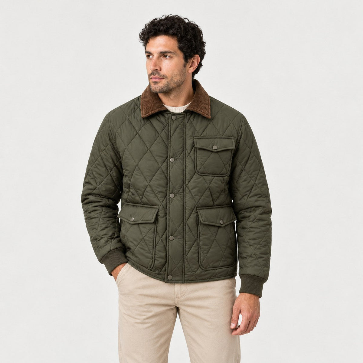 Men's diamond quilted jacket in Olive | Selattyn – front view