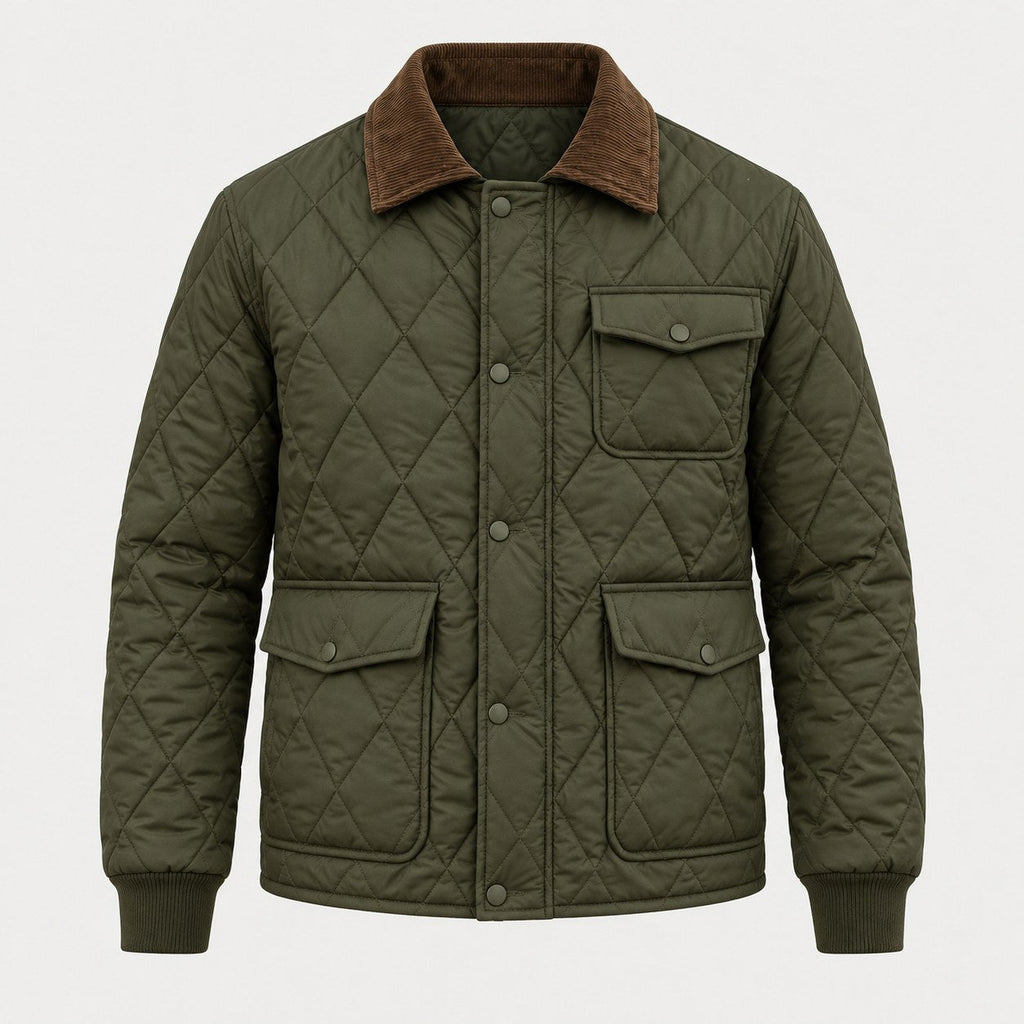 Men's diamond quilted jacket in Olive | Selattyn – front view