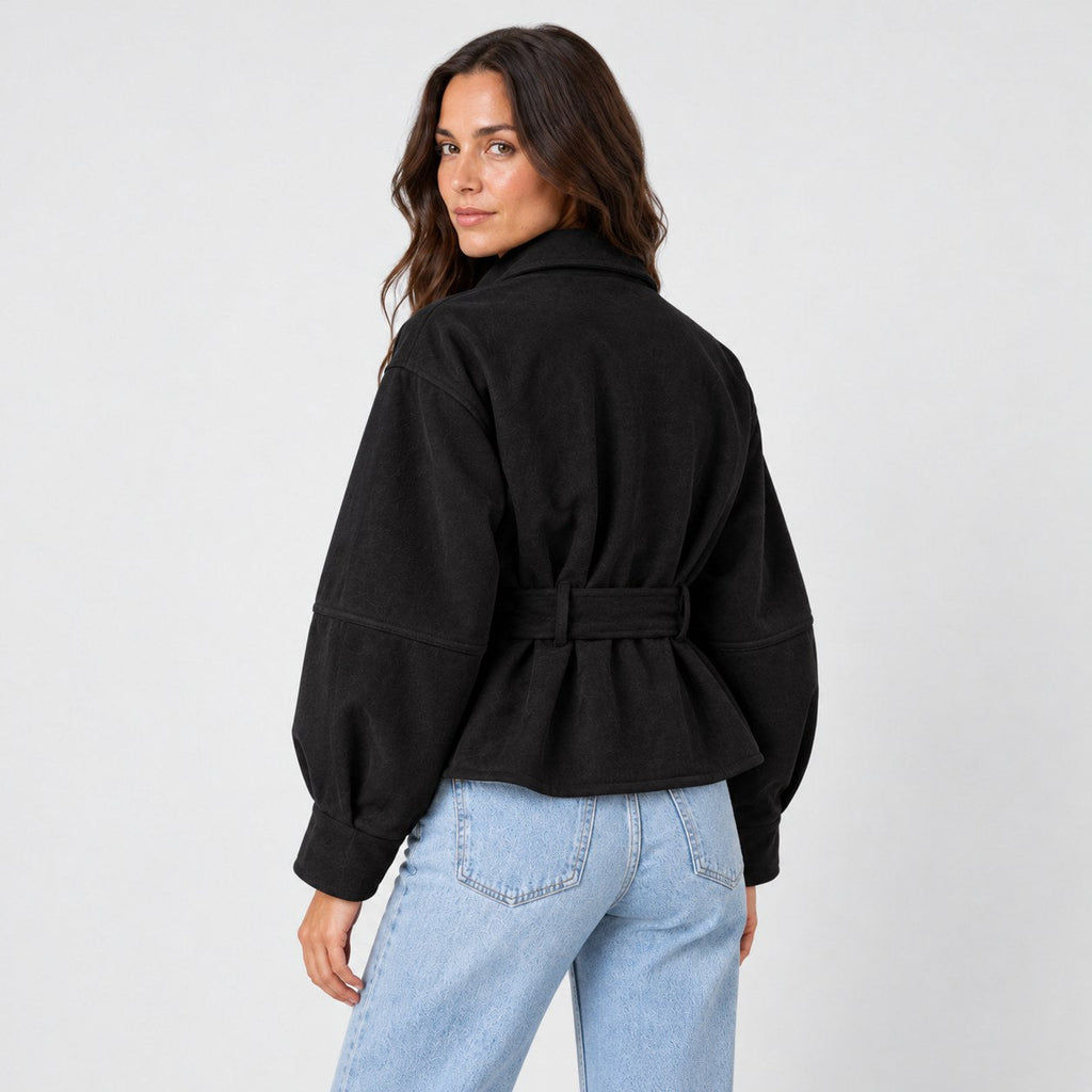 Women's suede-look bomber jacket with tie waist in Black | Kingsdon – back view