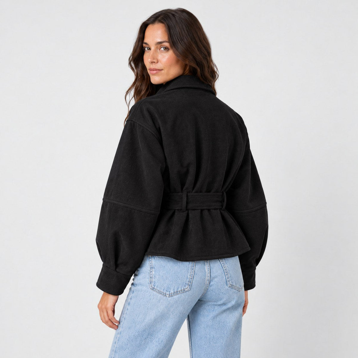 Women's suede-look bomber jacket with tie waist in Black | Kingsdon – back view
