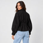 Women's suede-look bomber jacket with tie waist in Black | Kingsdon – back view