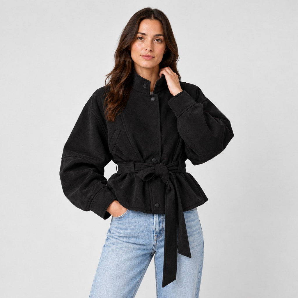 Women's suede-look bomber jacket with tie waist in Black | Kingsdon – front view