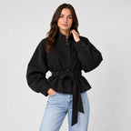 Women's suede-look bomber jacket with tie waist in Black | Kingsdon – front view