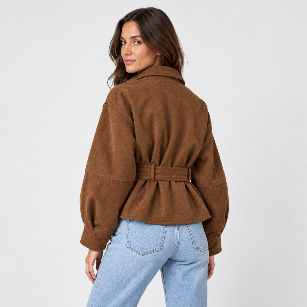 Women's suede-look bomber jacket with tie waist in Tan | Kingsdon – back view