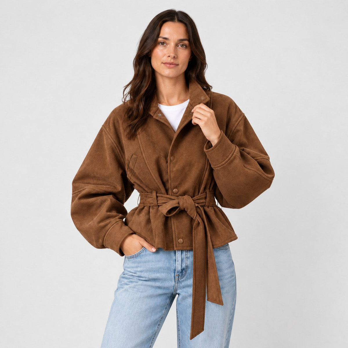 Women's suede-look bomber jacket with tie waist in Tan | Kingsdon – front view