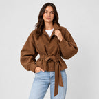 Women's suede-look bomber jacket with tie waist in Tan | Kingsdon – front view
