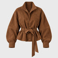 Women's suede-look bomber jacket with tie waist in Tan | Kingsdon – front view