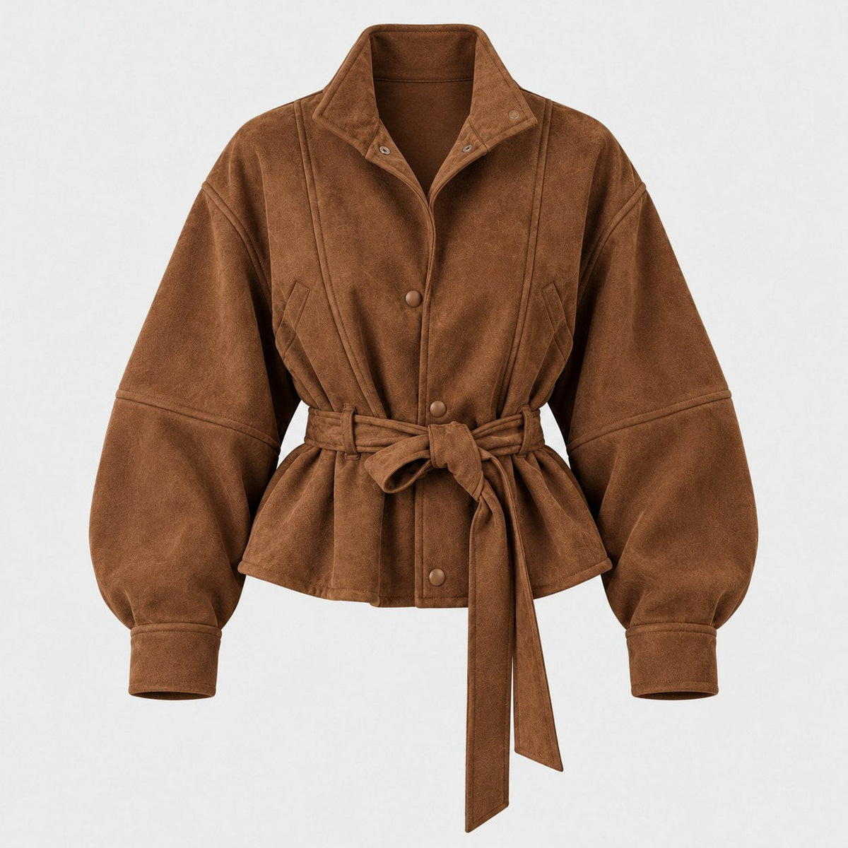 Women's suede-look bomber jacket with tie waist in Tan | Kingsdon – front view