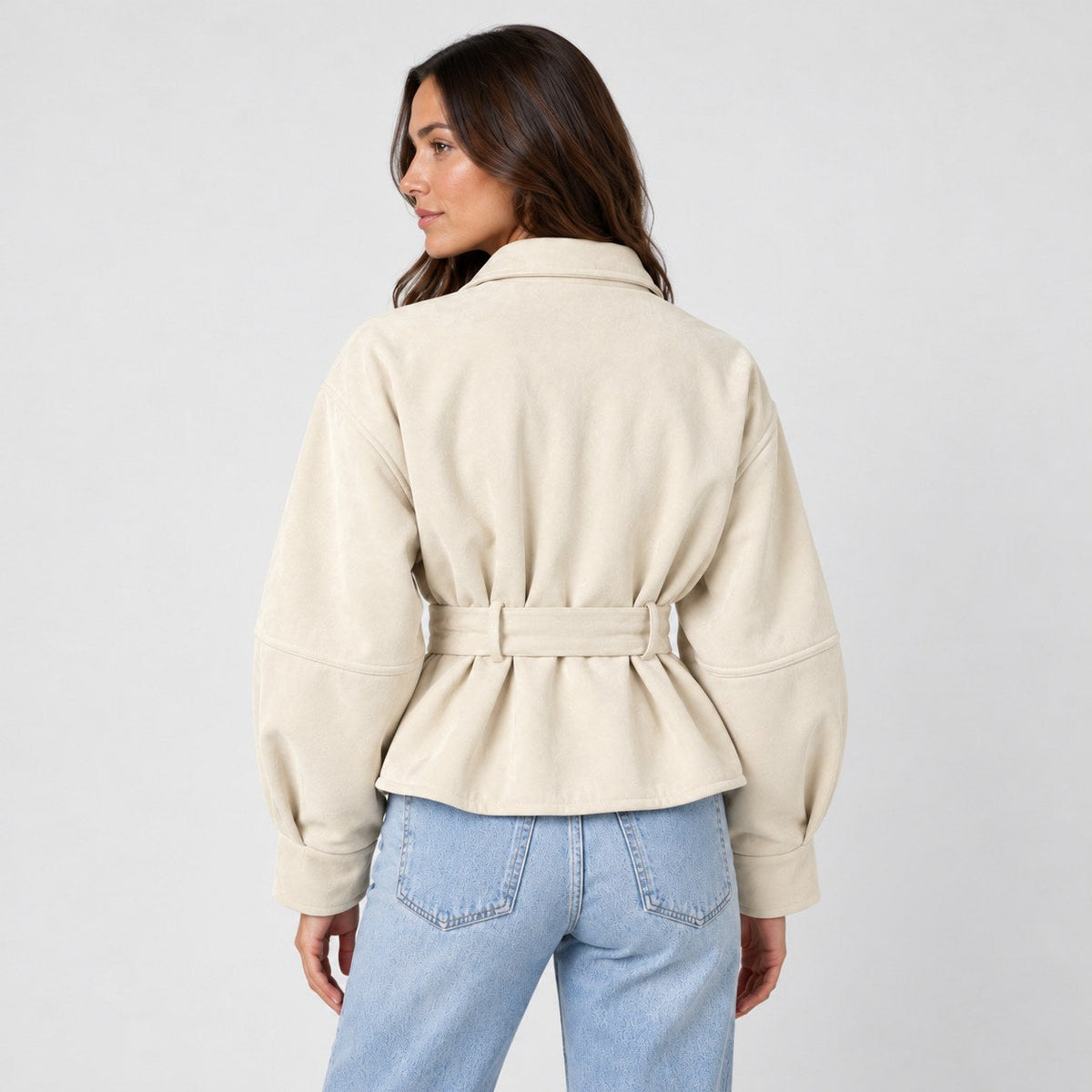 Women's suede-look bomber jacket with tie waist in Cream | Kingsdon – back view