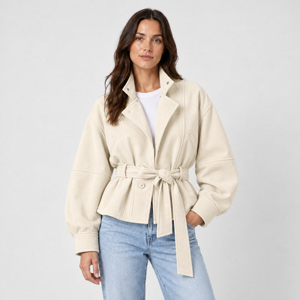 Women's suede-look bomber jacket with tie waist in Cream | Kingsdon – front view
