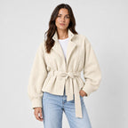 Women's suede-look bomber jacket with tie waist in Cream | Kingsdon – front view