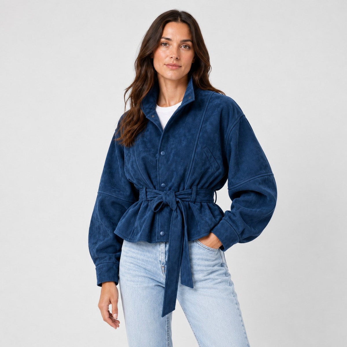 Women's suede-look bomber jacket with tie waist in Dark Blue | Kingsdon – side view