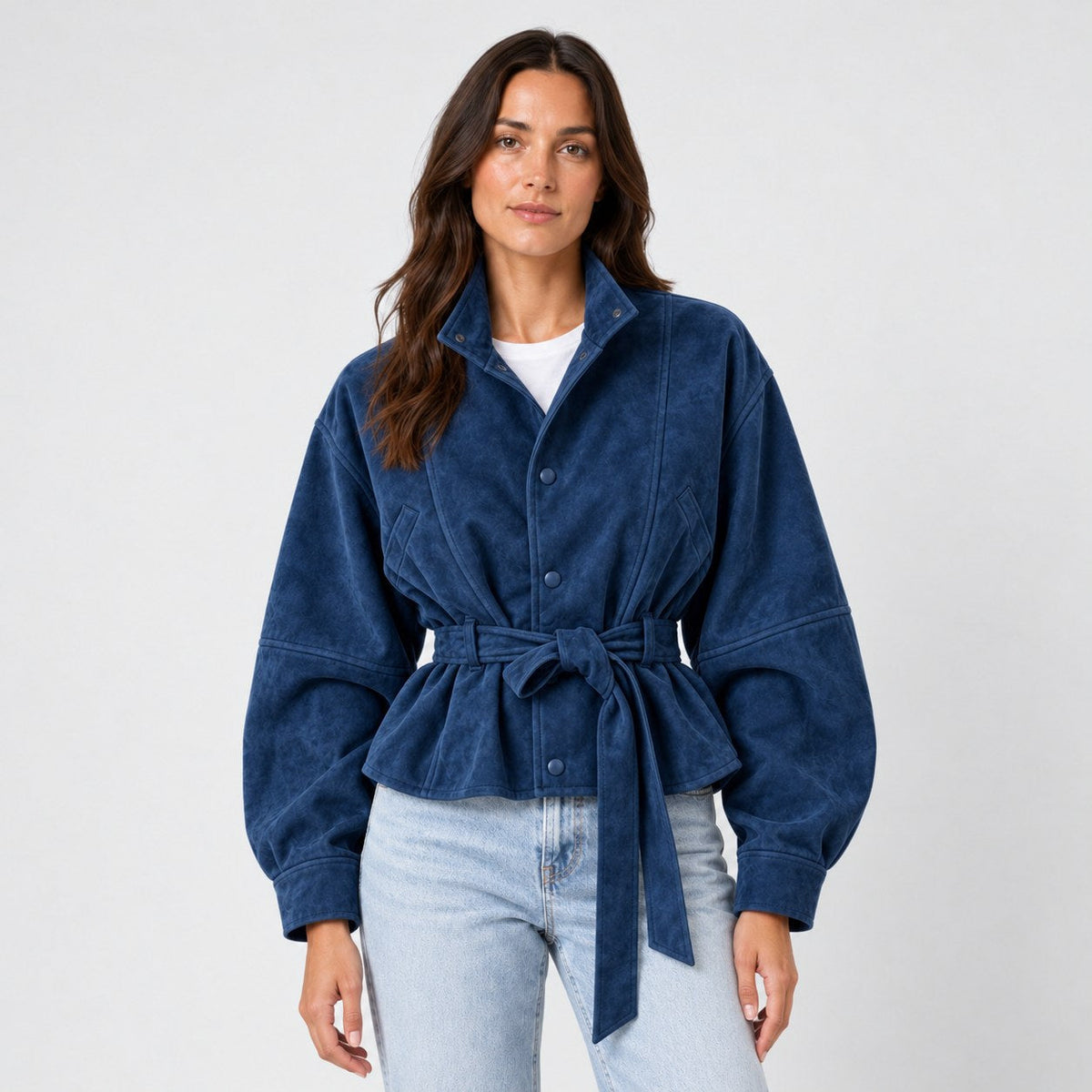 Women's suede-look bomber jacket with tie waist in Dark Blue | Kingsdon – front view