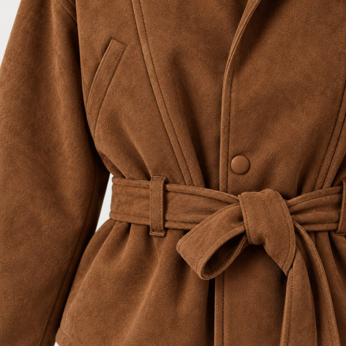 Women's suede-look bomber jacket with tie waist in Tan | Kingsdon – detail view