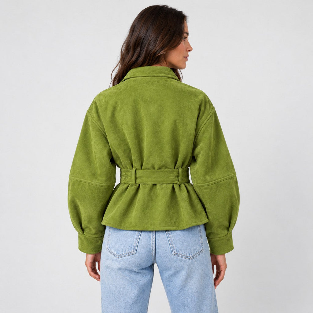 Women's suede-look bomber jacket with tie waist in Lime Green | Kingsdon – back view