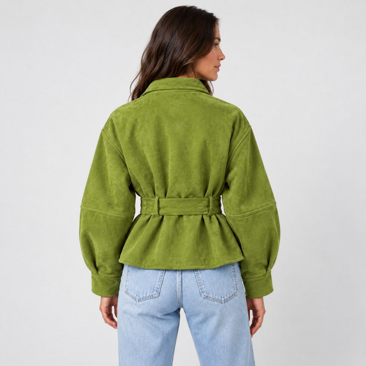 Women's suede-look bomber jacket with tie waist in Lime Green | Kingsdon – back view