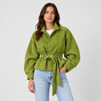 Women's suede-look bomber jacket with tie waist in Lime Green | Kingsdon – front view