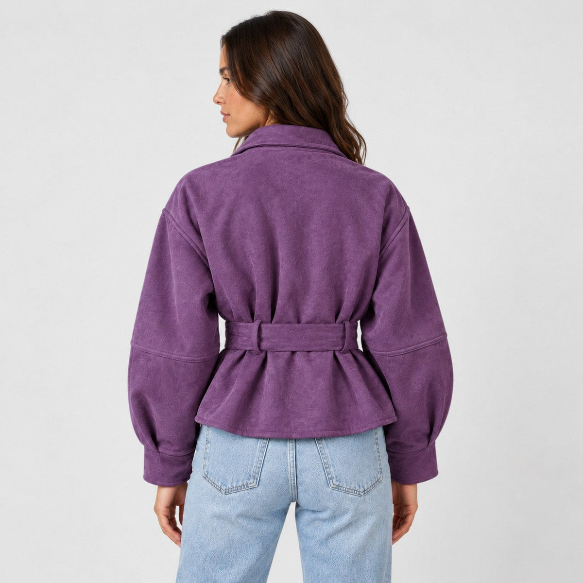 Women's suede-look bomber jacket with tie waist in Purple | Kingsdon – back view