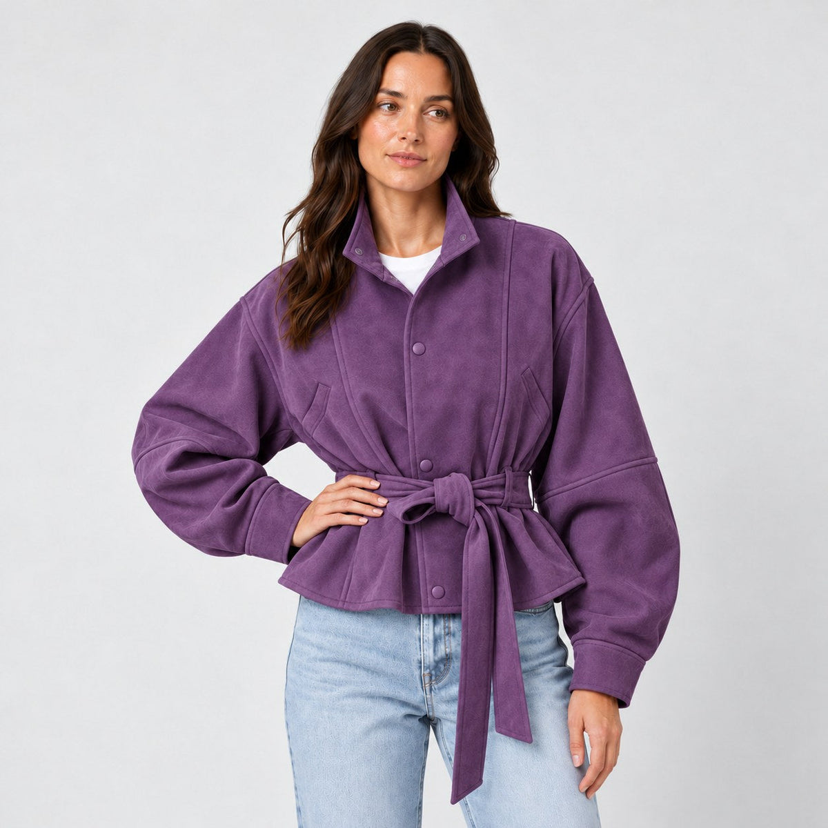 Women's suede-look bomber jacket with tie waist in Purple | Kingsdon – front view