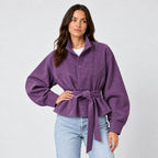 Women's suede-look bomber jacket with tie waist in Purple | Kingsdon – front view
