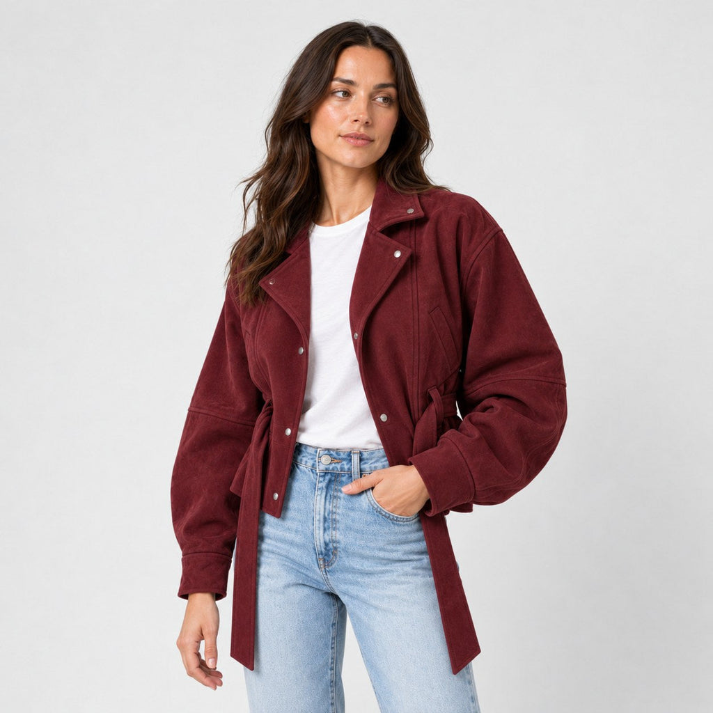 Women's suede-look bomber jacket with tie waist in Burgundy | Kingsdon – side view