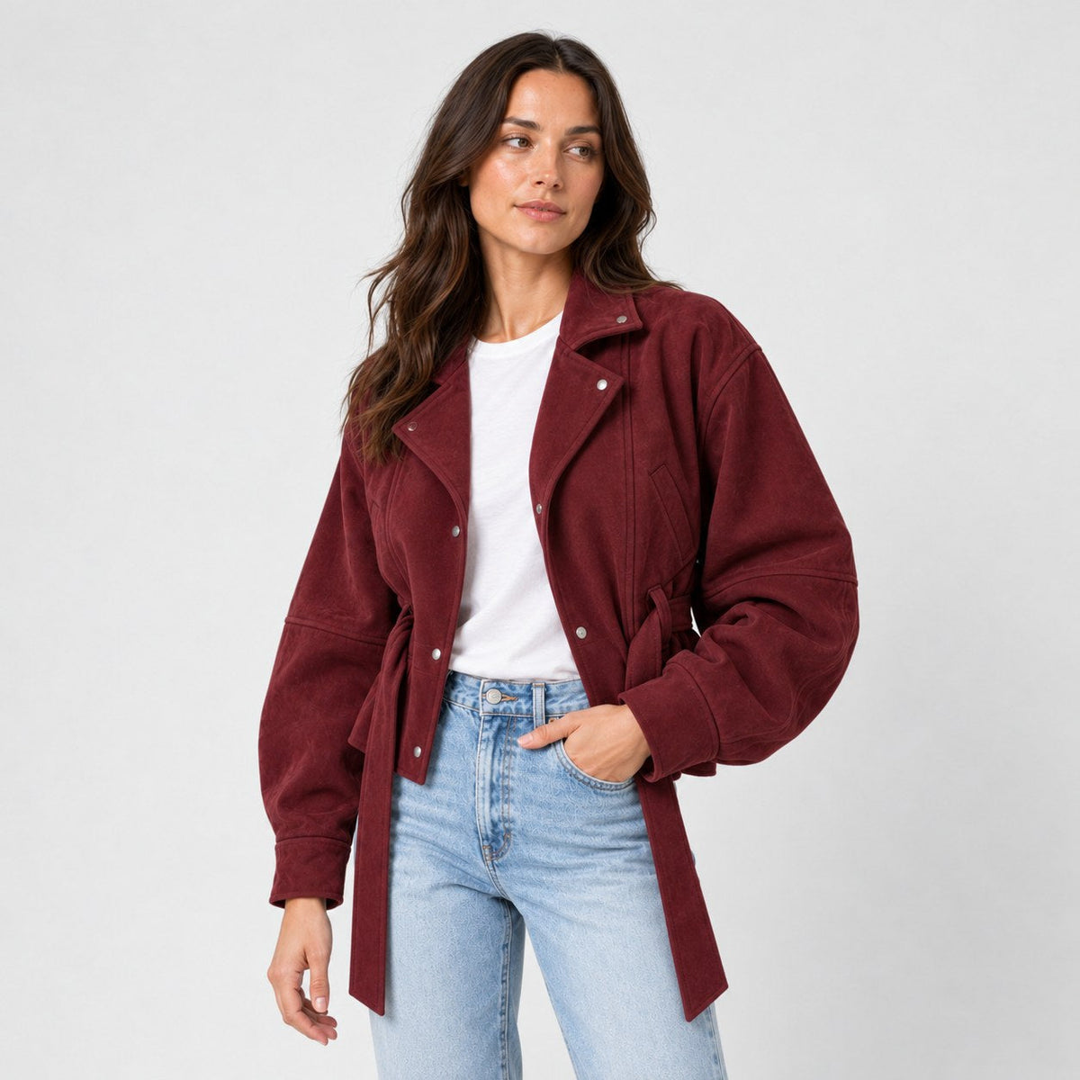 Women's suede-look bomber jacket with tie waist in Burgundy | Kingsdon – side view