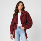 Women's suede-look bomber jacket with tie waist in Burgundy | Kingsdon – side view