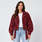 Women's suede-look bomber jacket with tie waist in Burgundy | Kingsdon – front view