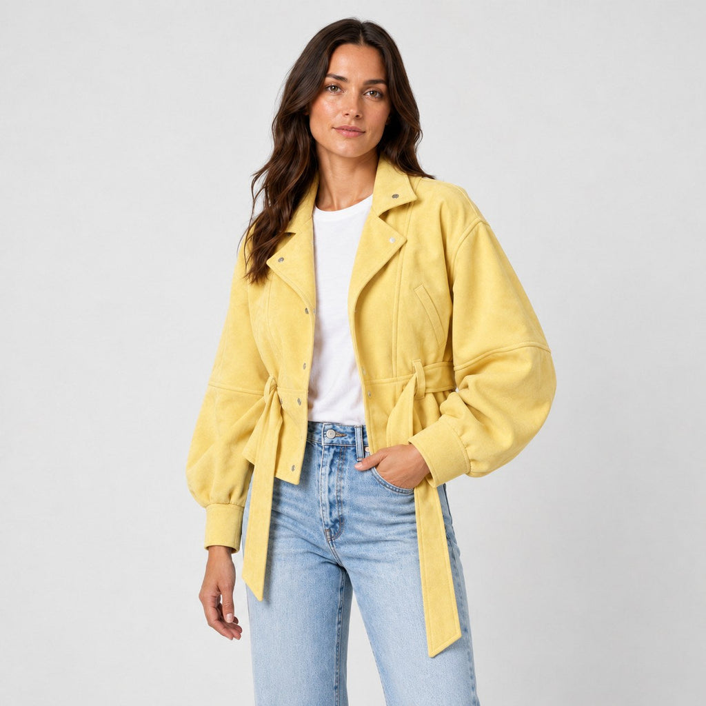 Women's suede-look bomber jacket with tie waist in Yellow | Kingsdon – side view