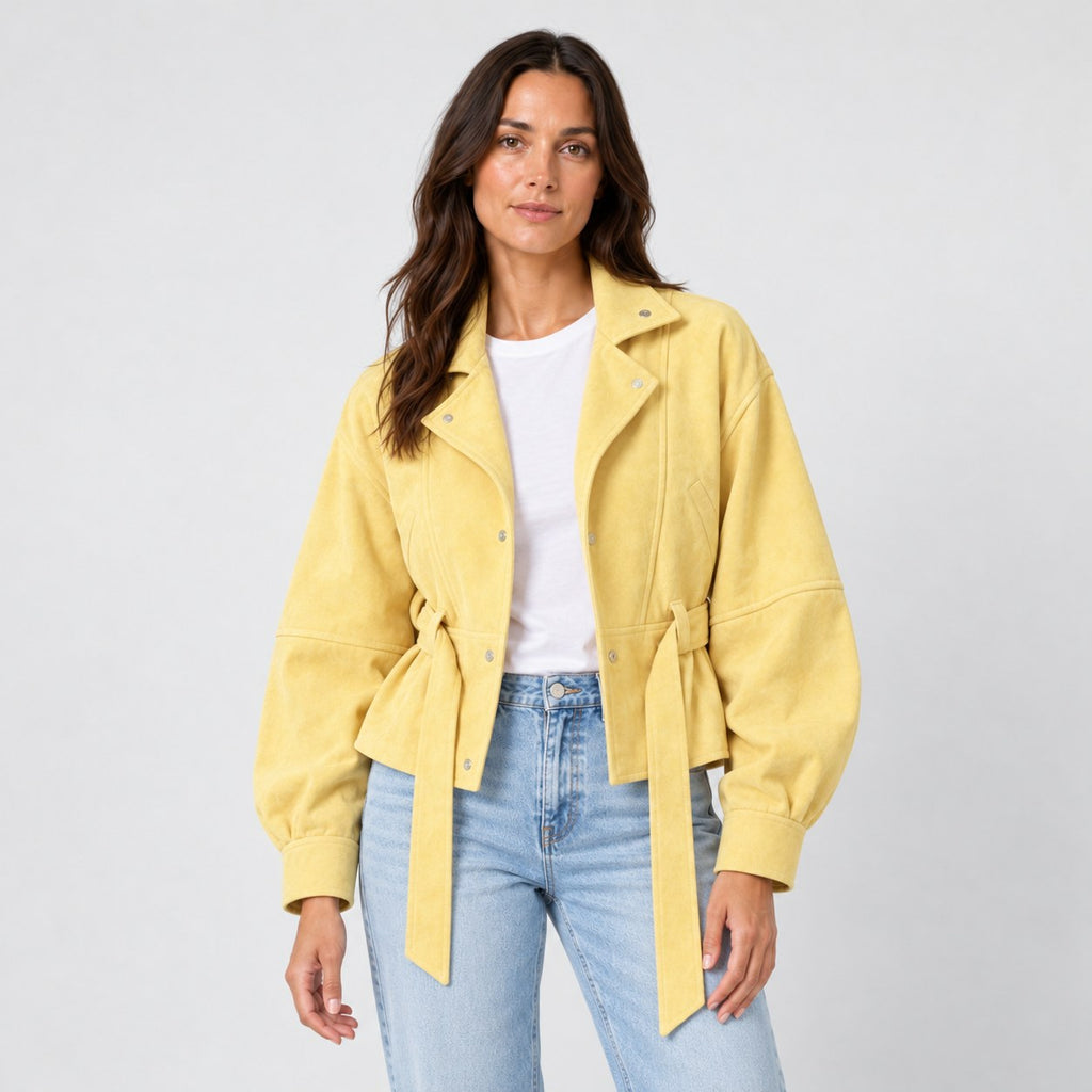 Women's suede-look bomber jacket with tie waist in Yellow | Kingsdon – front view