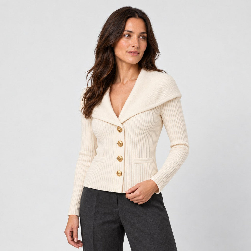 Women's rib knit shawl collar cardigan in Beige | Gedney – side view