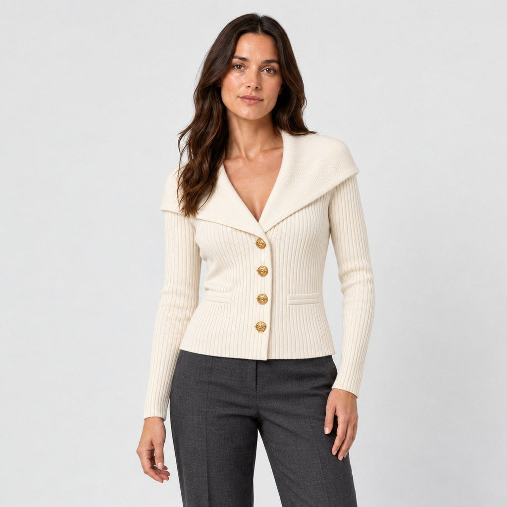 Women's rib knit shawl collar cardigan in Beige | Gedney – front view