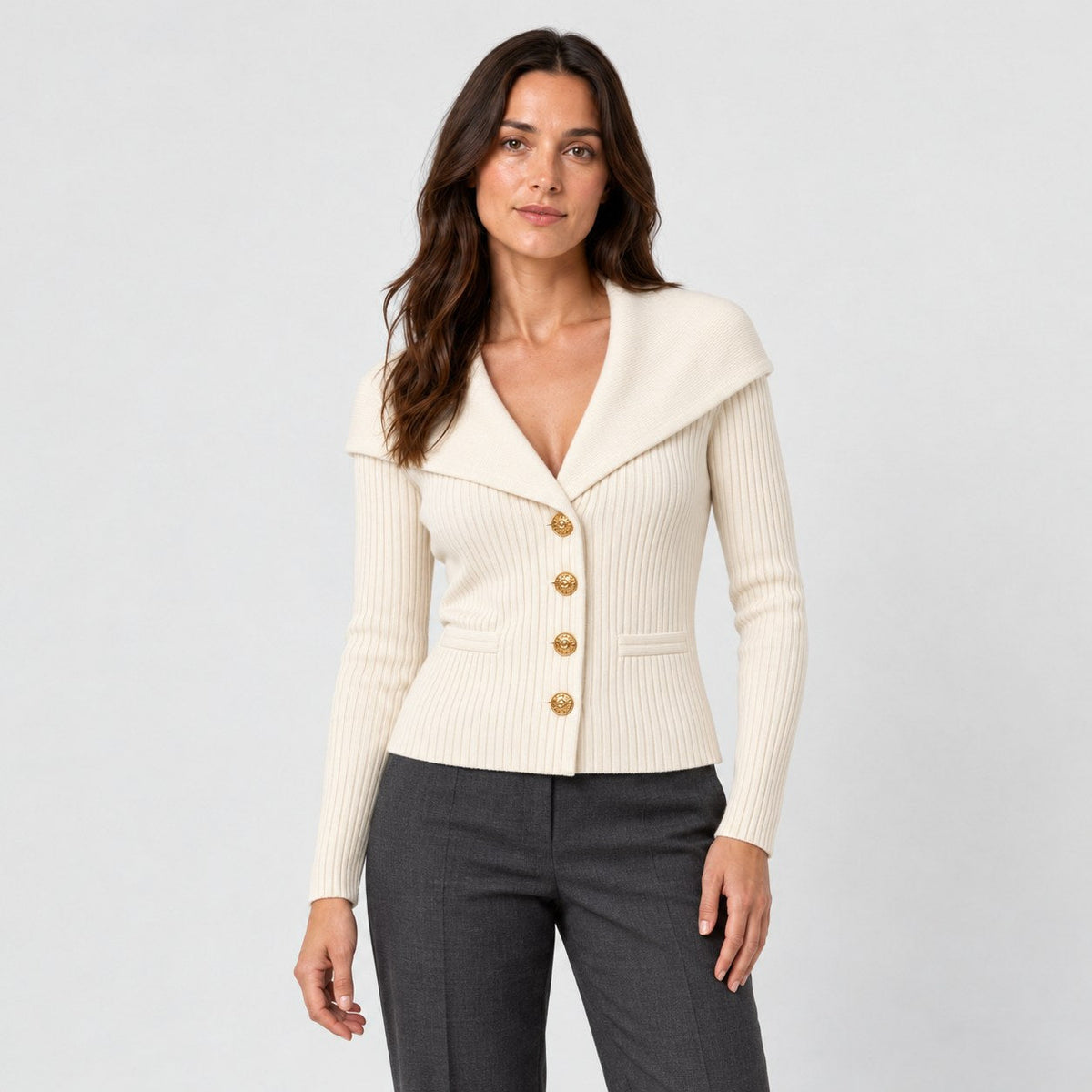 Women's rib knit shawl collar cardigan in Beige | Gedney – front view
