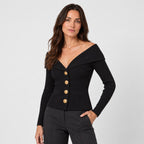 Women's rib knit shawl collar cardigan in Black | Gedney – side view