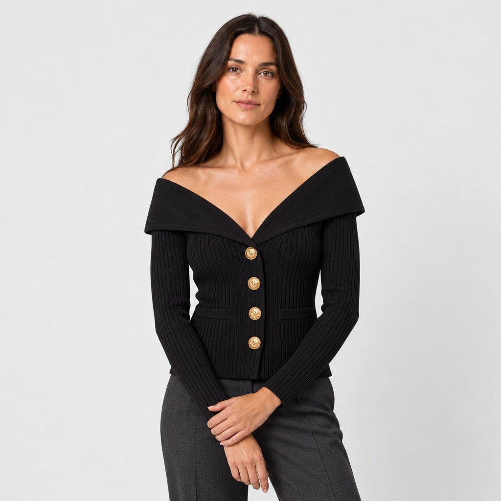 Women's rib knit shawl collar cardigan in Black | Gedney – front view