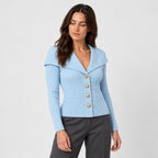Women's rib knit shawl collar cardigan in Light Blue | Gedney – side view