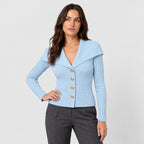 Women's rib knit shawl collar cardigan in Light Blue | Gedney – front view