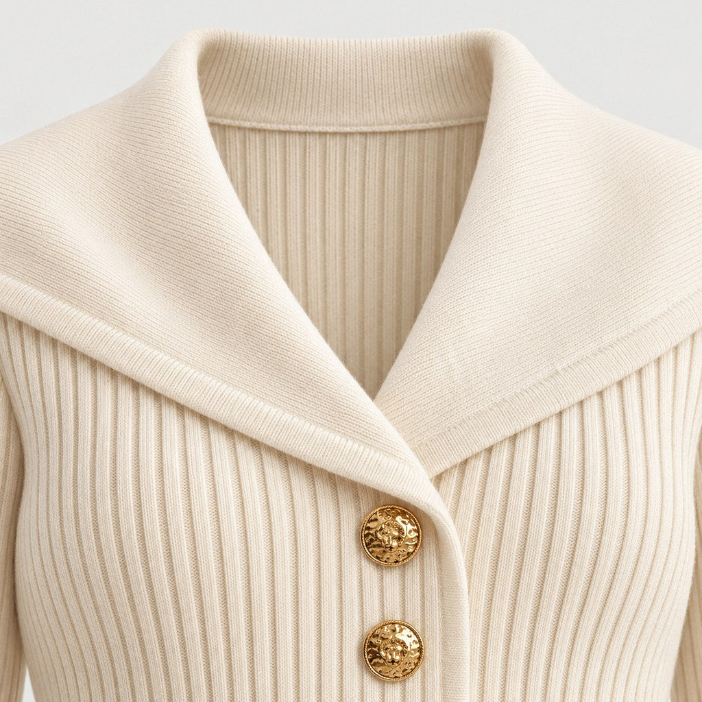 Women's rib knit shawl collar cardigan in Beige | Gedney – detail view
