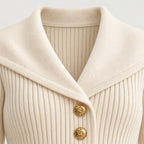 Women's rib knit shawl collar cardigan in Beige | Gedney – detail view