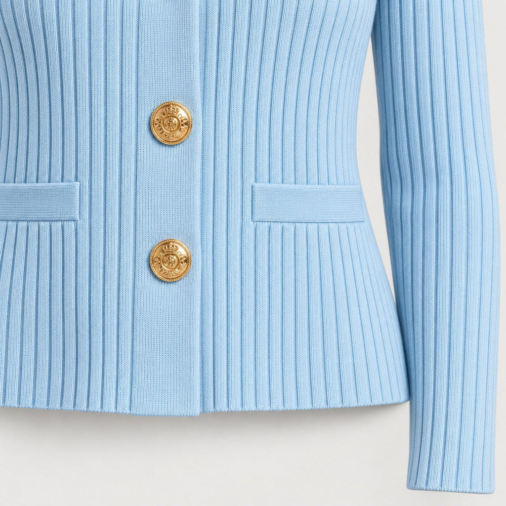 Women's rib knit shawl collar cardigan in Light Blue | Gedney – detail view