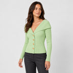 Women's rib knit shawl collar cardigan in Light Green | Gedney – side view