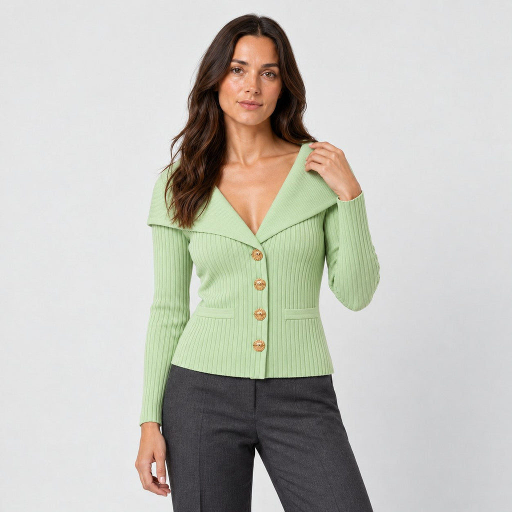 Women's rib knit shawl collar cardigan in Light Green | Gedney – front view