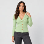 Women's rib knit shawl collar cardigan in Light Green | Gedney – front view