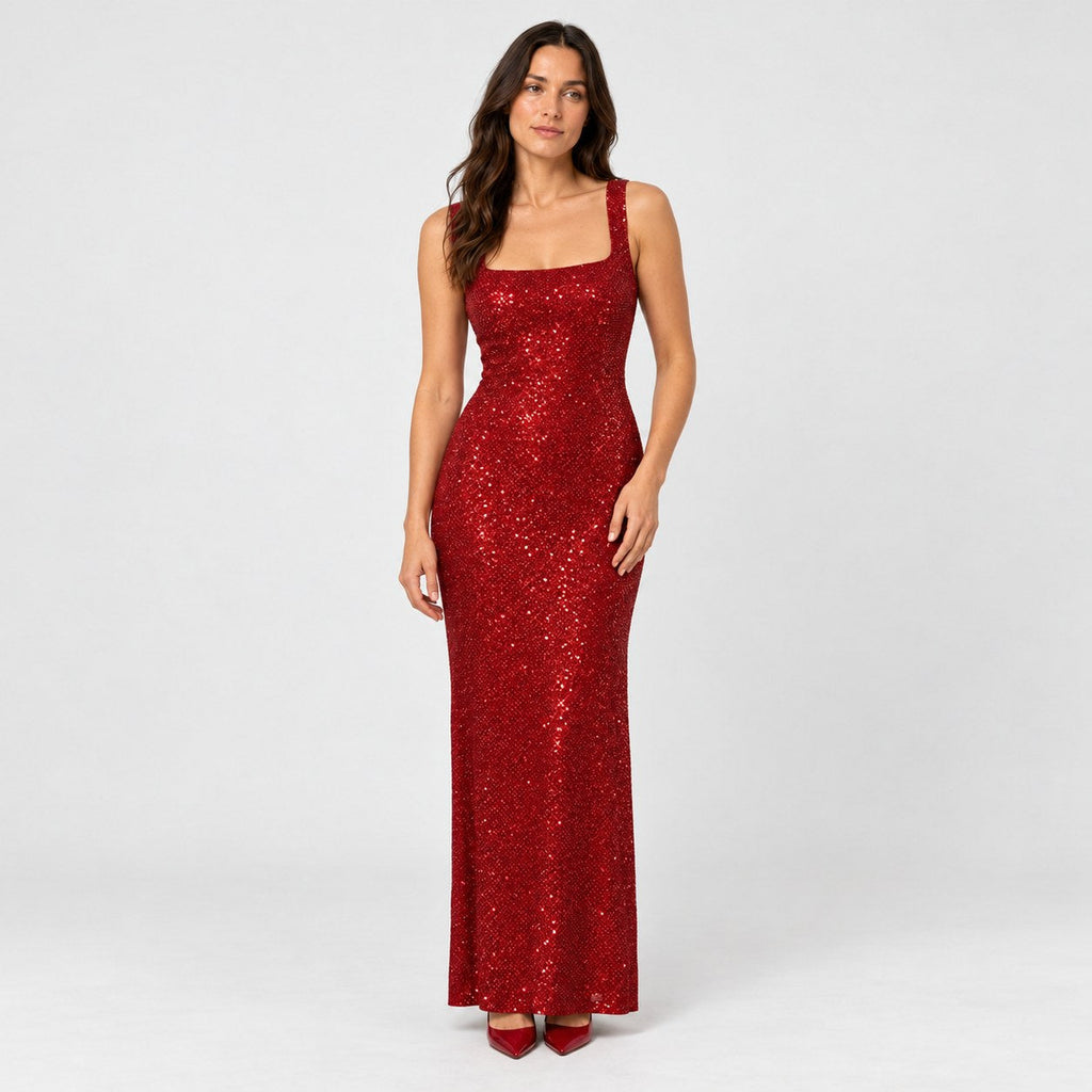 Women's sequin maxi dress in Red | Ilsington – front view