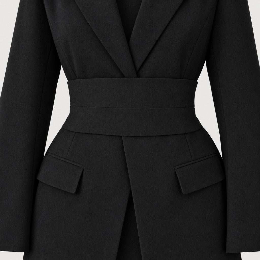 Women's tie-belt blazer in Black | Downderry – detail view
